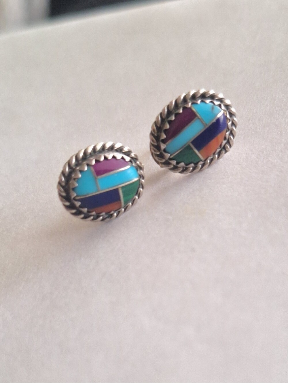 Southwestern Inlay Stud Earrings Zuni Style Mosaic Rope Border Sterling Vintage